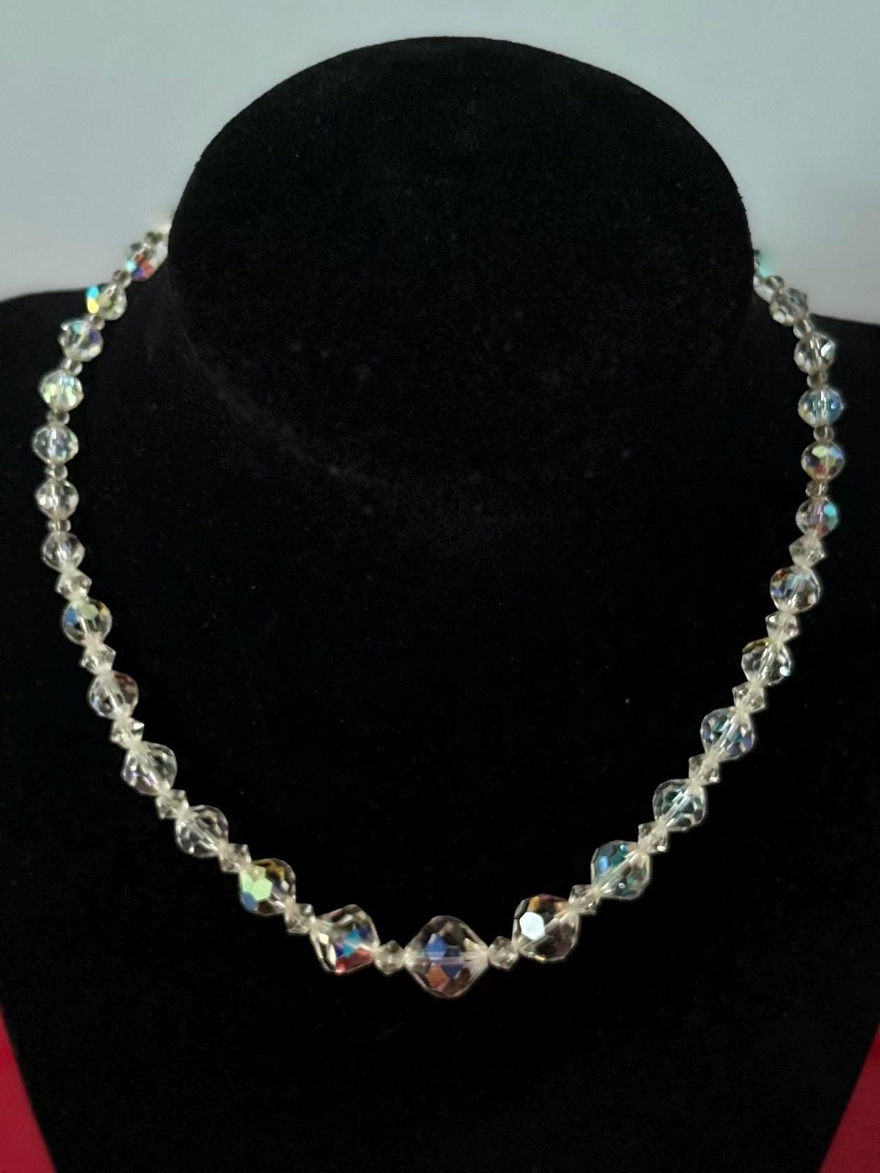 Vintage 1950s Midcentury Faceted Iridescent Clear Graduated Crystal Beaded Necklace Adjustable 15.25” Hook Closure