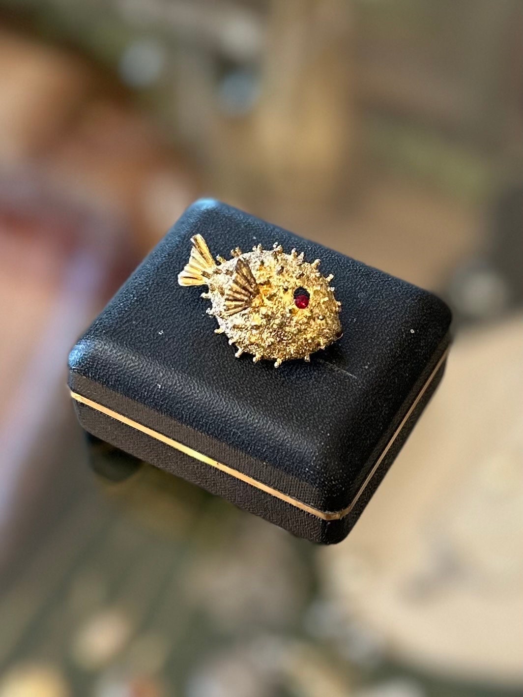 Vintage Signed AC Blowfish Puffer Fish Rhinestone Ruby Eye Sterling Silver & Gold Vermeil Pin Brooch
