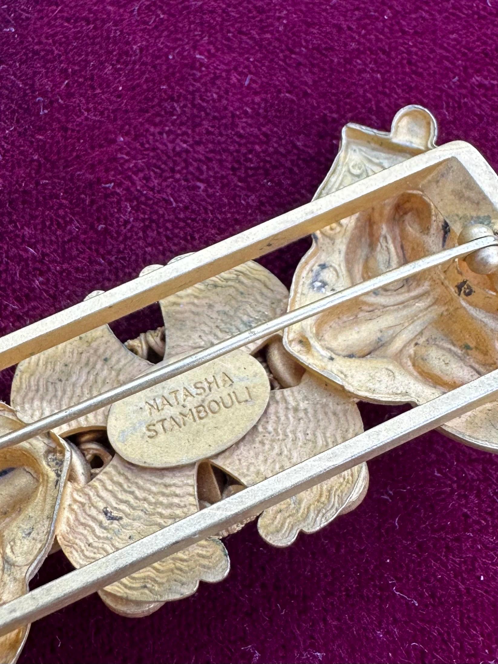 Vintage 1990s Signed NATASHA STAMBOULI Etruscan Revival 18k Gold Plated Amethyst Carnelian Onyx Agate Brooch Pin