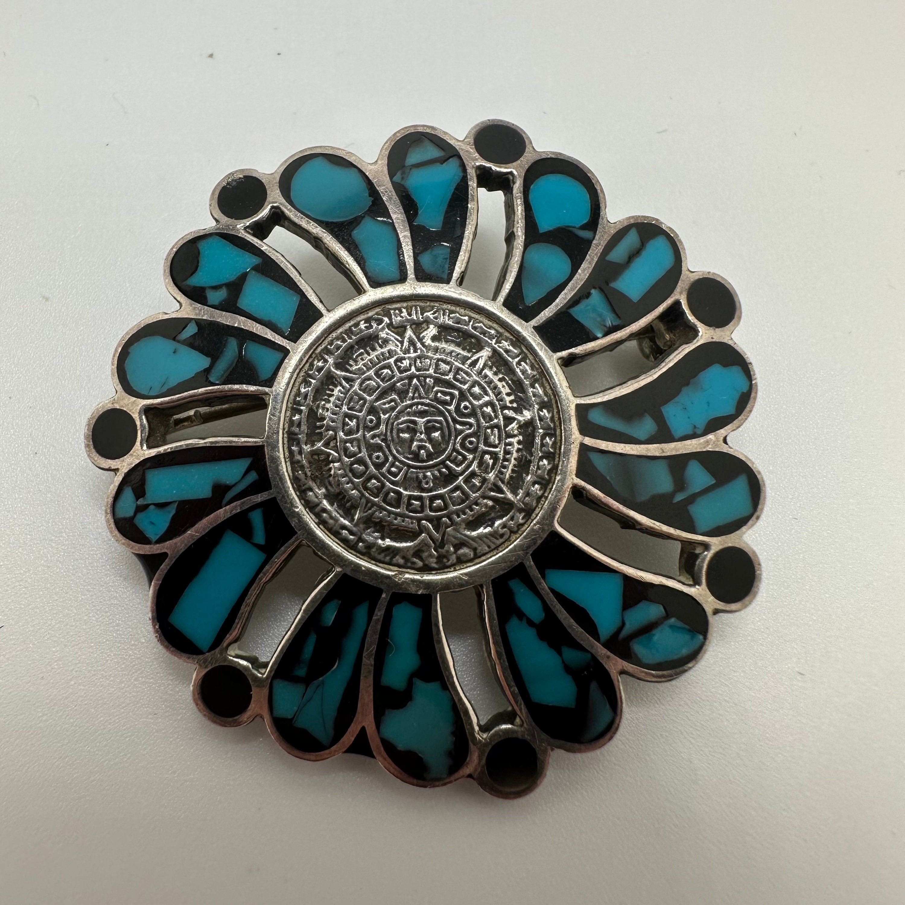 Vintage Signed 925 Sterling Silver Taxco Mexico Genuine Turquoise Inlay Aztec Calendar Pin Brooch