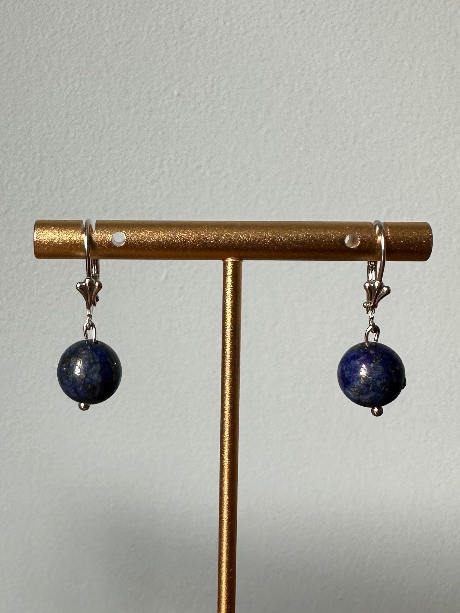 Sterling Silver 925 Blue Lapis Lazuli 10mm Bead Dangle Drop Earrings