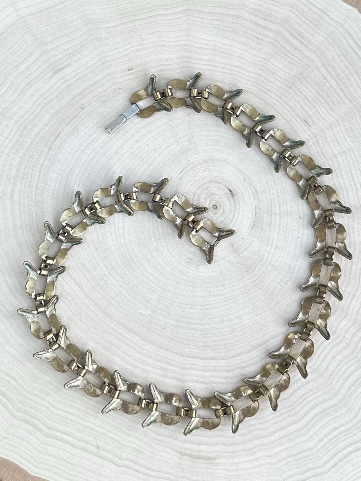 Vintage 1940s 1950s Signed BY MARINO Bronze Tone Floral Etched Link Chain Necklace RARE Midcentury 15.75”