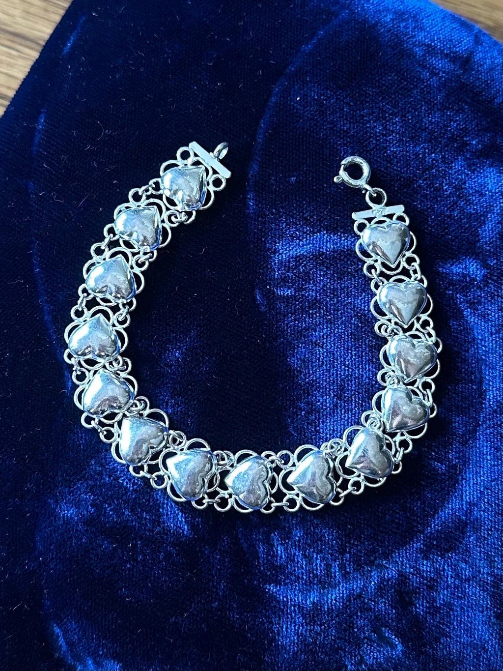Vintage 925 Sterling Silver Puffy Hearts Open Link Bracelet 7.25"