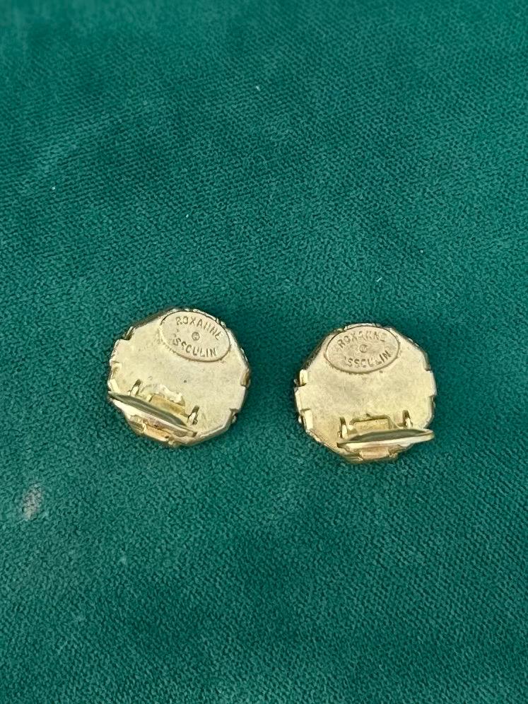 Vintage 1980s Signed ROXANNE ASSOULIN Gold Tone Octagonal Rhinestone Faux CC Engraved Stone Clip-on Earrings Rare