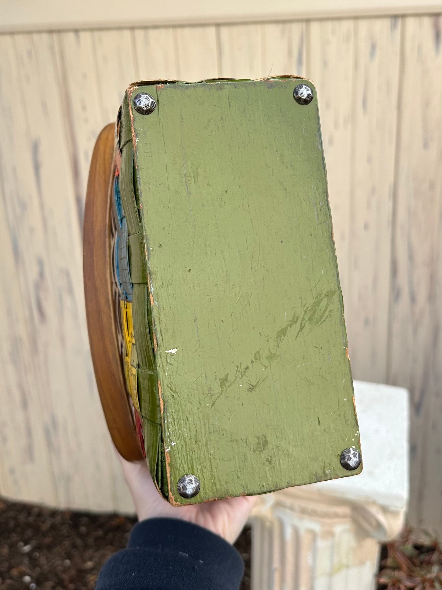 1960s New Orleans Hand Painted & Signed Katydid Wooden Picnic Basket Purse Specially for Godchaux