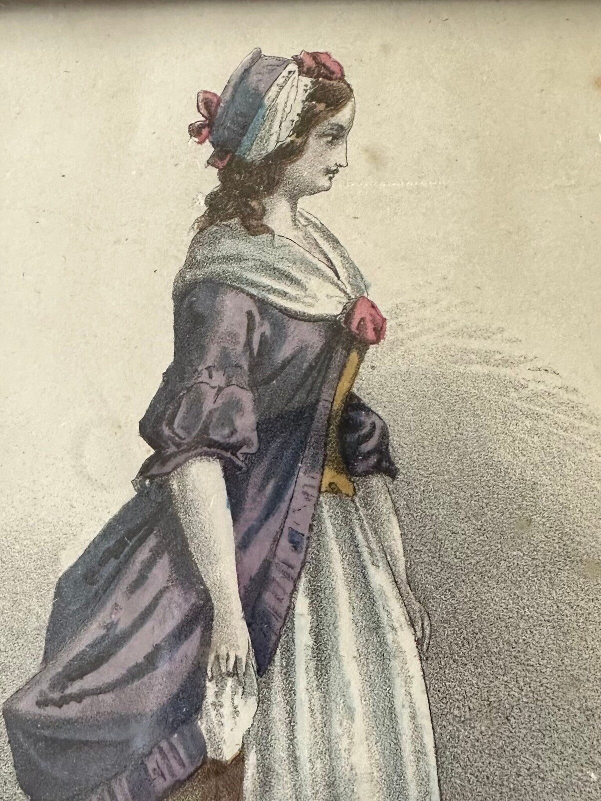 Antique 19th Century Period Fashion Print of German Peasant Girl or Woman 6x8