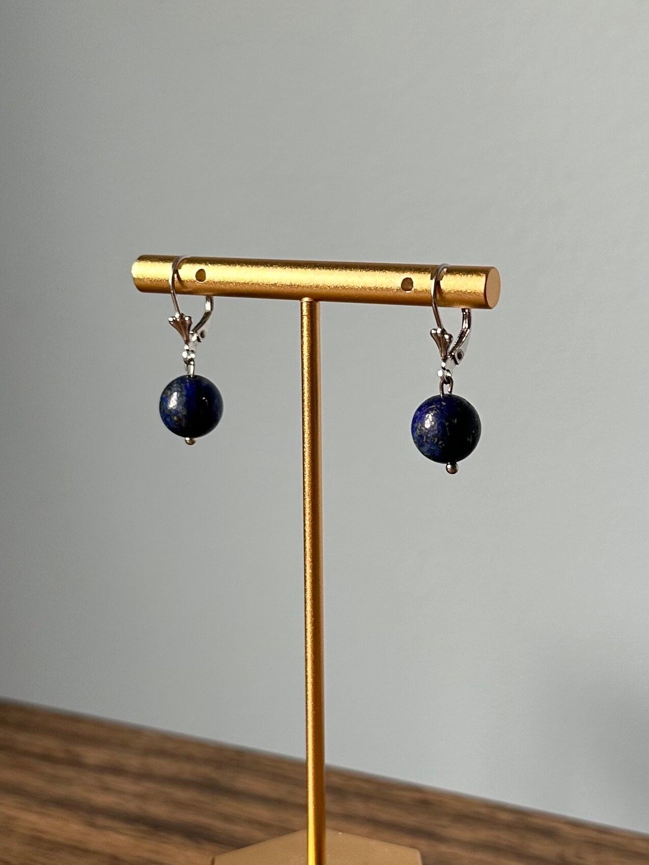 Sterling Silver 925 Blue Lapis Lazuli 10mm Bead Dangle Drop Earrings