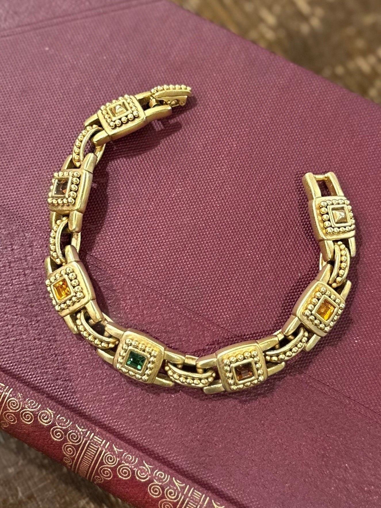 Vintage Oscar de la Renta Signed Byzantine Style Gold Tone Multicolor Faceted Square Rhinestones Link Bracelet 7.75"