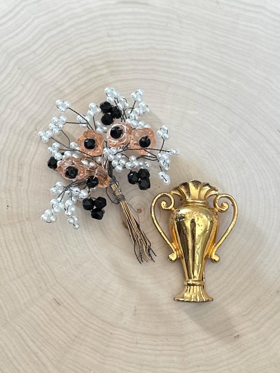 Rare Vintage 1940s 1950s Signed MONET Sterling Silver & Gold Vermeil Urn Brooch Fur Clip with Hand Beaded Wire Wrapped Beaded Flower Bouquet