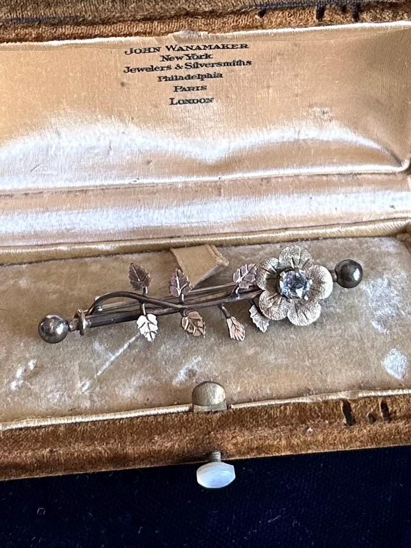 Antique Circa 19th Century Victorian Era Gold Filled Clear Paste Floral Leaf Vine Bar Pin Brooch C-Clasp