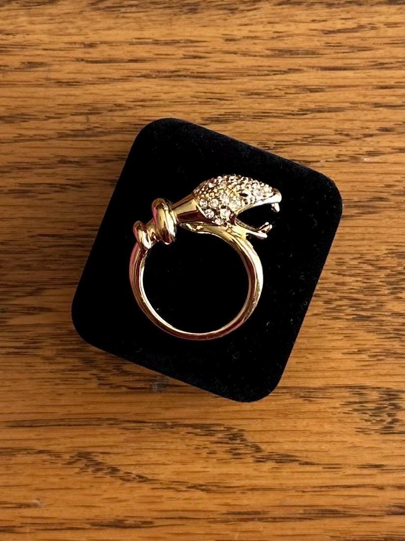 Gold Tone Rhinestone Jewelled Snake Head Serpent Statement Ring US Size 8 1/2