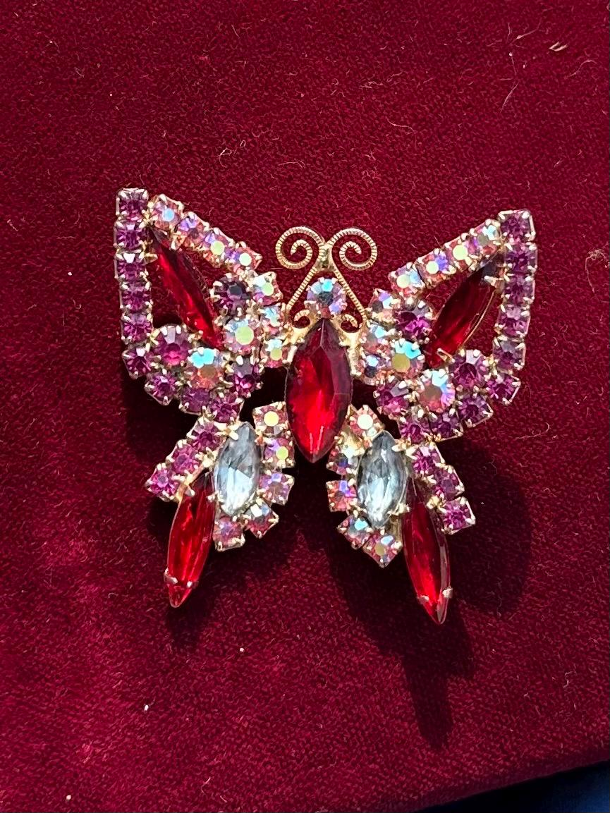 1960s Midcentury Red, Pink & Aurora Borealis AB Faceted Rhinestone Butterfly Brooch