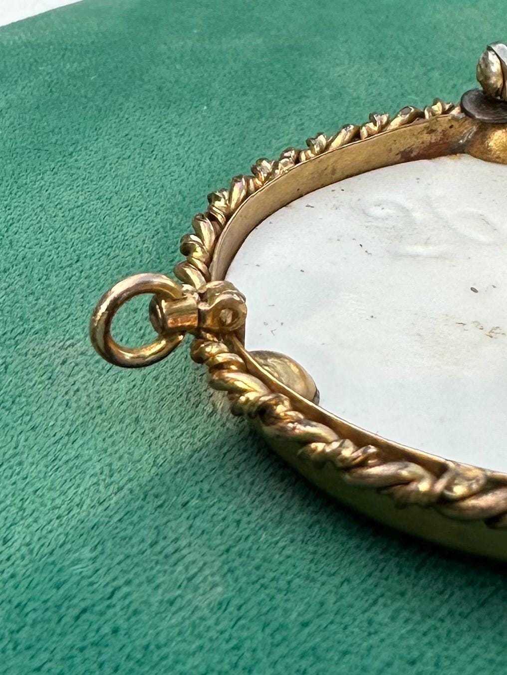 Antique Victorian Handpainted Floral African Violets Porcelain Gold Tone Brooch or Pendant C-Clasp