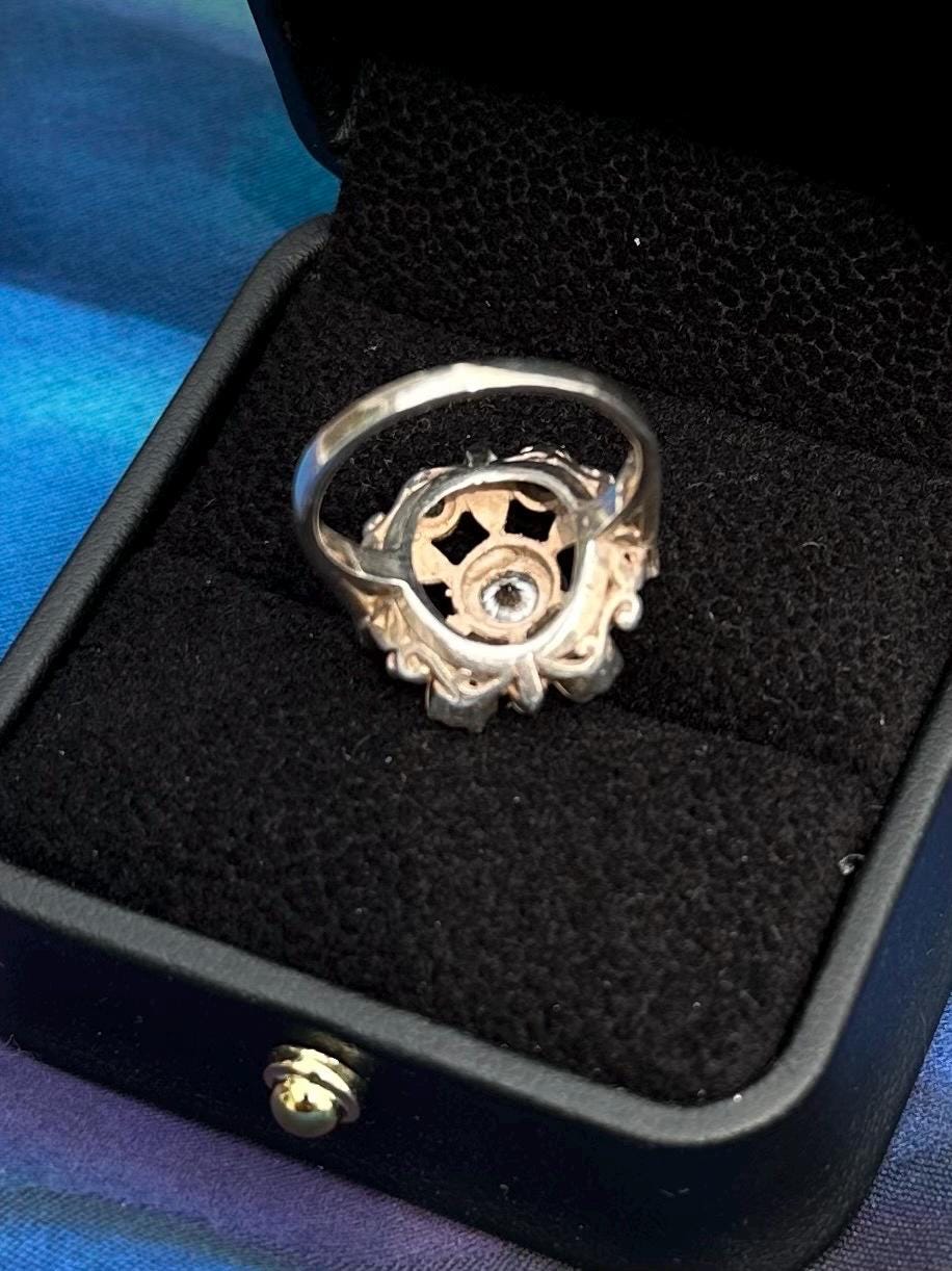 Vintage Circa 1950s Sterling Silver Simulated Diamond CZ Halo Cluster Floral Statement Ring US Size 6 3/4