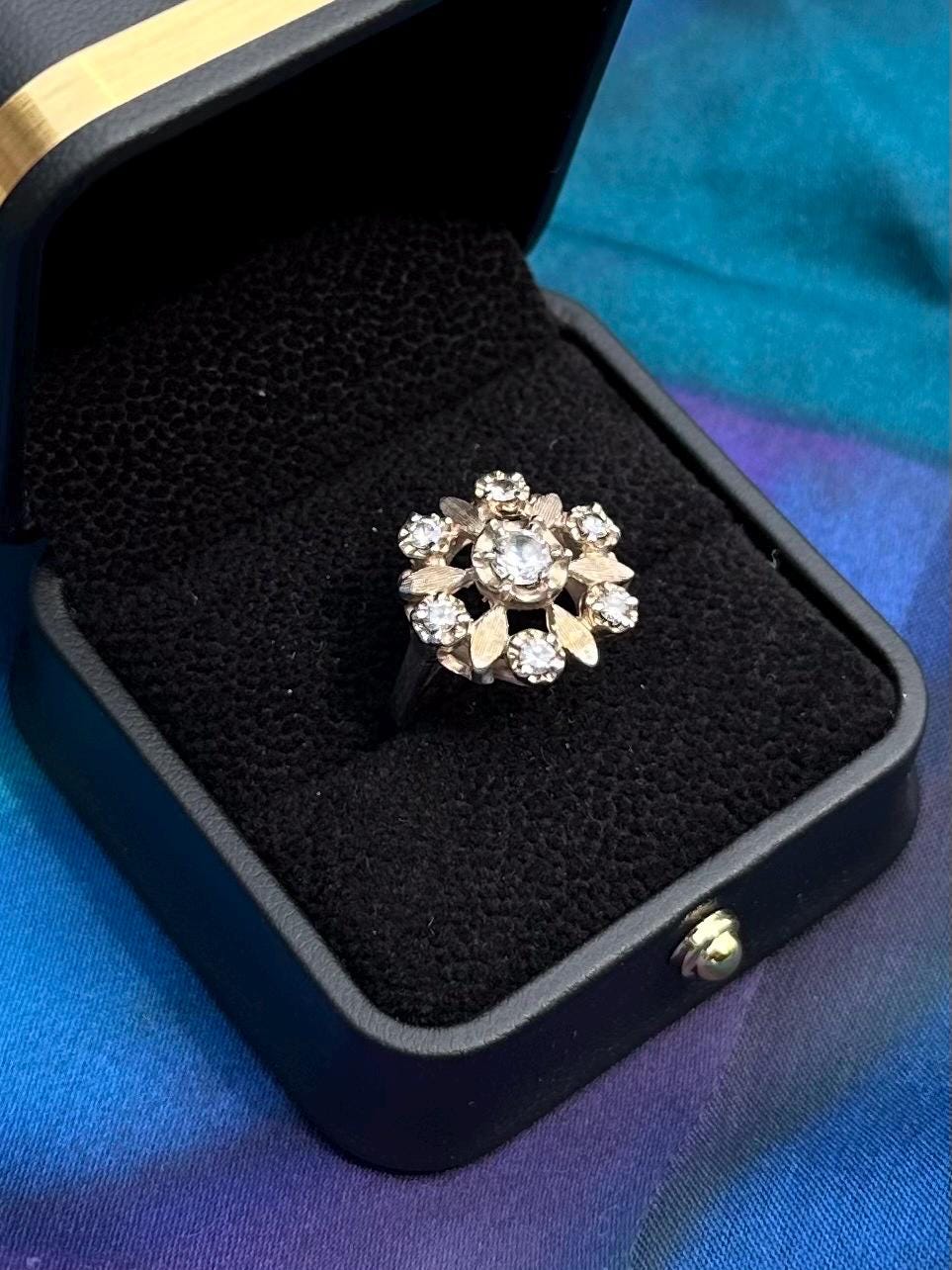 Vintage Circa 1950s Sterling Silver Simulated Diamond CZ Halo Cluster Floral Statement Ring US Size 6 3/4