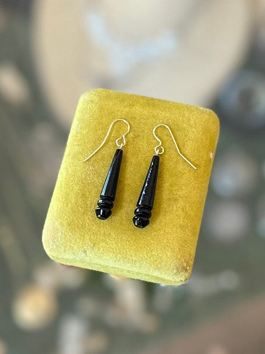 Vintage Unique Carved Black Lacquered Wood Teardrop Dangle Earrings 1/20 14k GF Gold Filled Ear Wire