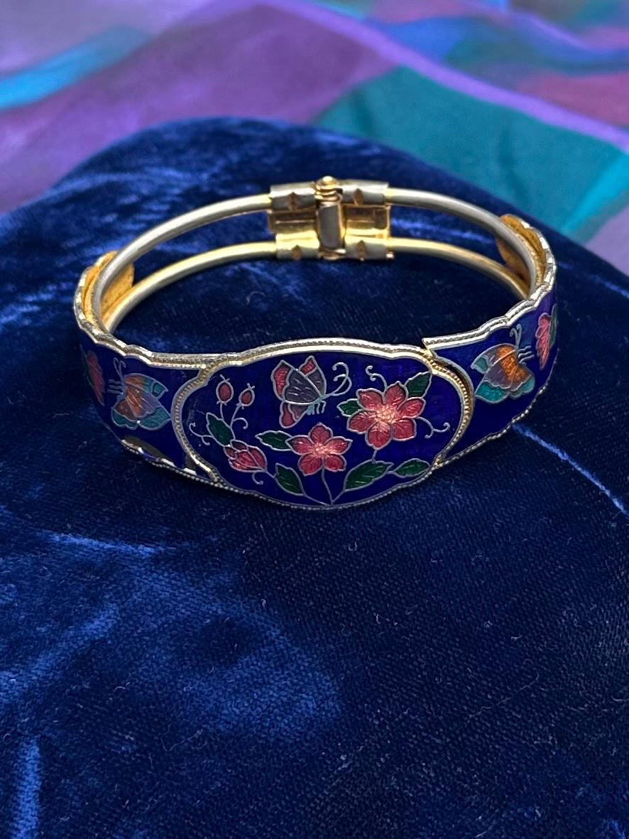 Vintage Cloisonne Enamel Blue Multicolor Butterfly Floral Clamper Bangle Bracelet