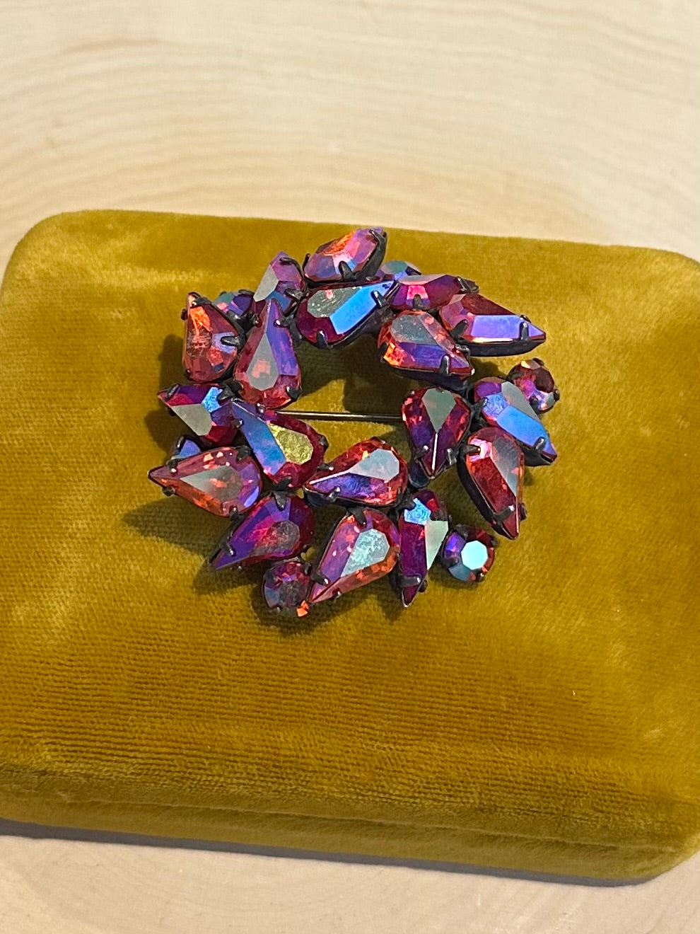 1960s Signed Regency Pink Aurora Borealis Faceted Rhinestone Brooch & Clip-on Earrings Set