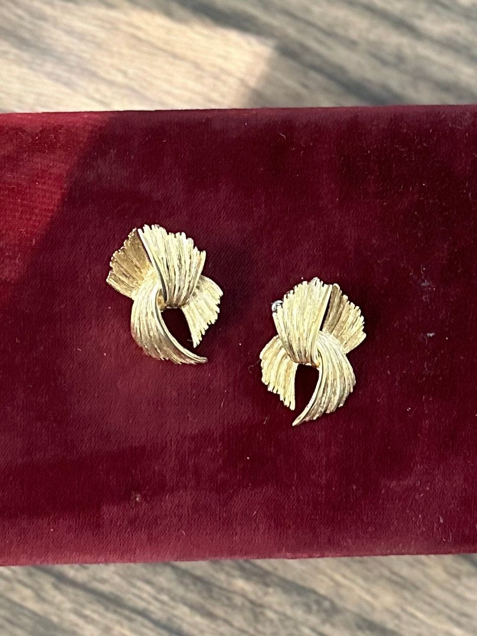 Vintage Modern 1980s 1990s Givenchy Paris New York Signed Gold Tone Textured Abstract Pierced Earrings Statement
