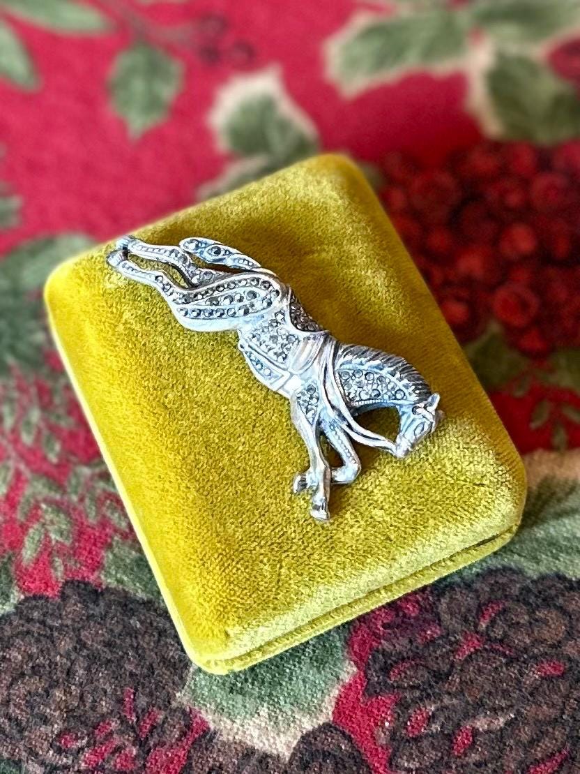 Vintage 1980s 1990s Signed BOMA Sterling Silver & Marcasite Galloping Horse with Reigns Brooch Equestrian