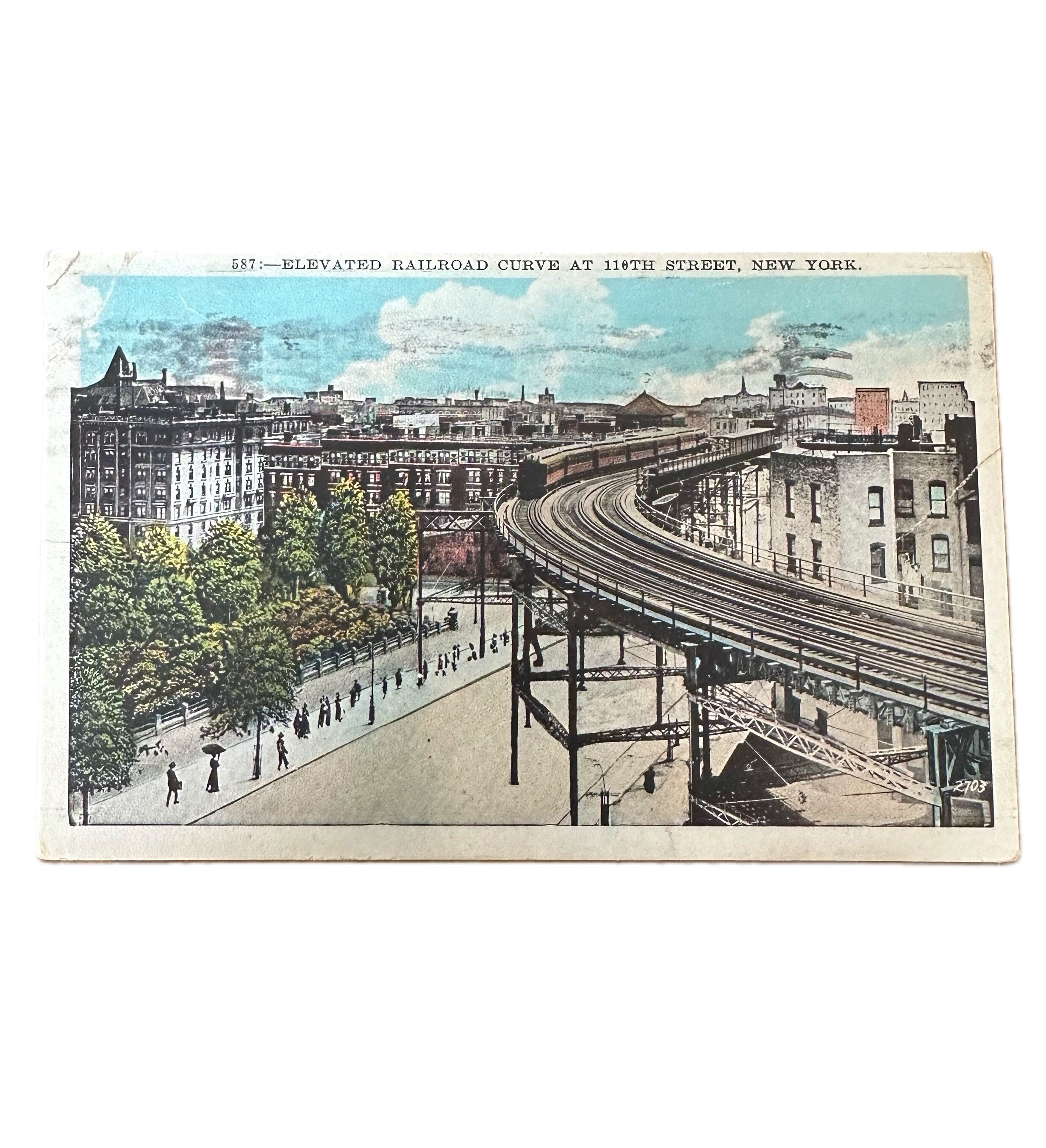Vintage 1931 Postmarked Elevated Railroad Curve at 110th Street NYC Topographical Postcard New York City