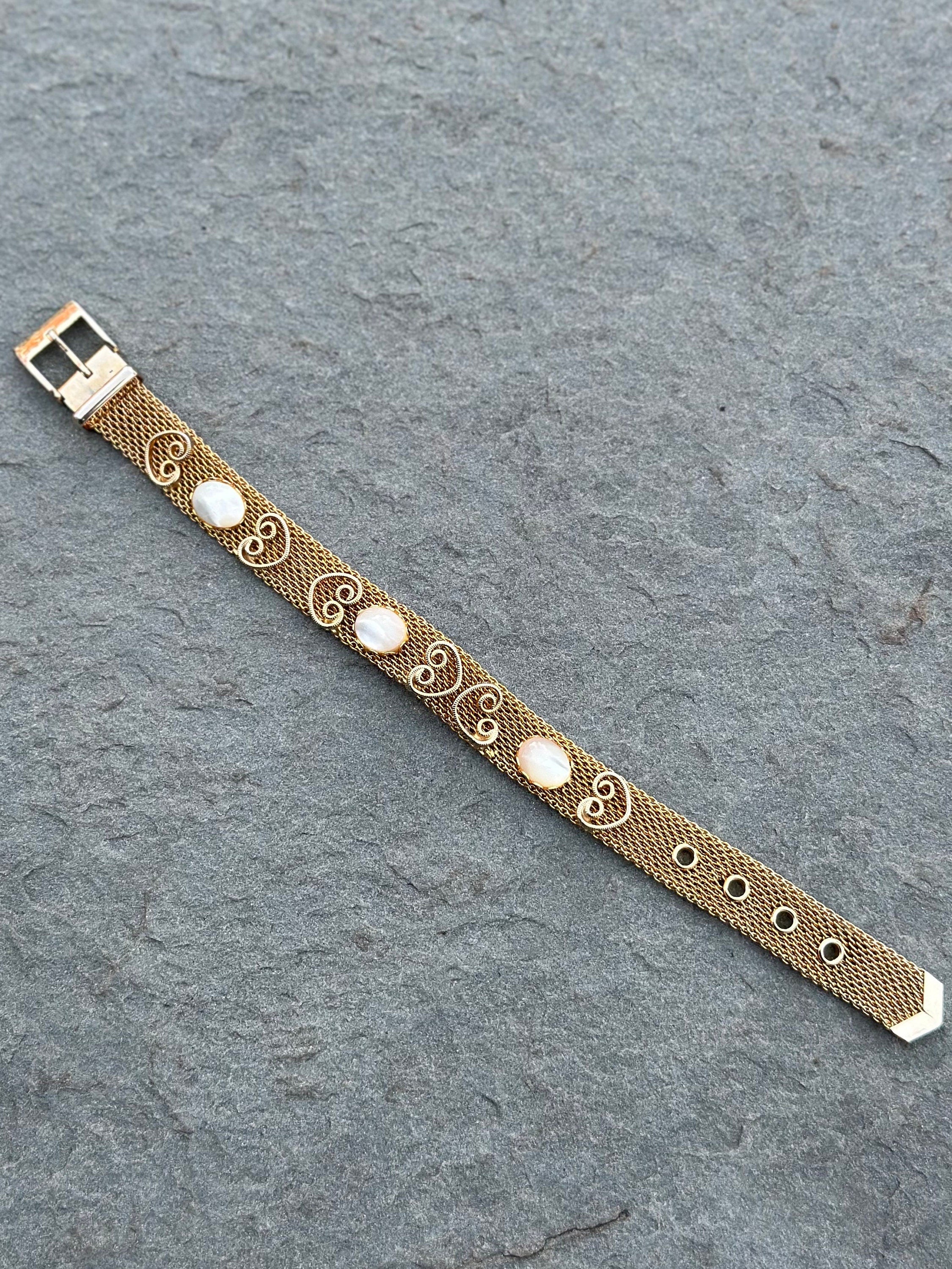 1970s Vintage Gold Tone Mesh Belt Bracelet with Cabochon Faux Opal Stones Midcentury