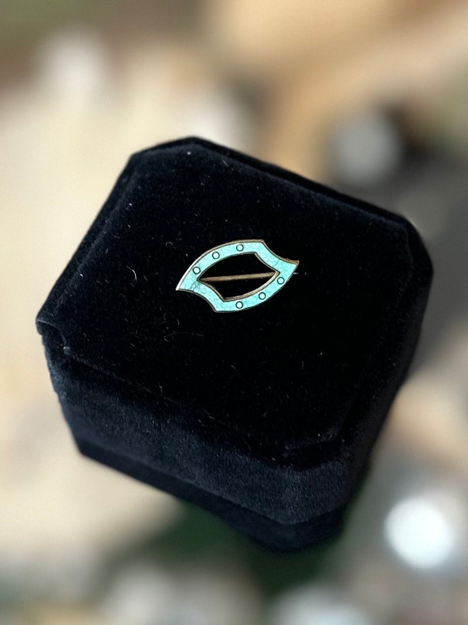 Antique Teal Guilloche Enamel & Brass Mini Pin C-Clasp