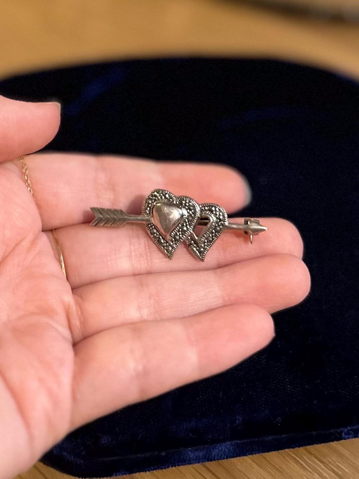 Vintage 925 Sterling Silver & Marcasite Hearts and Arrow Brooch Pin