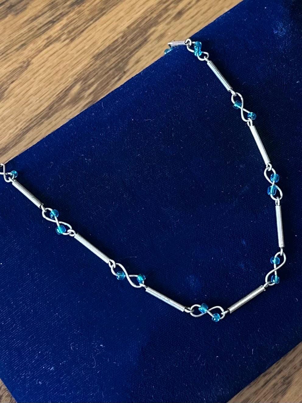 Vintage Sterling Silver Bar Infinity Twist & Turquoise Blue Color Bead Necklace 15.6" Y2K