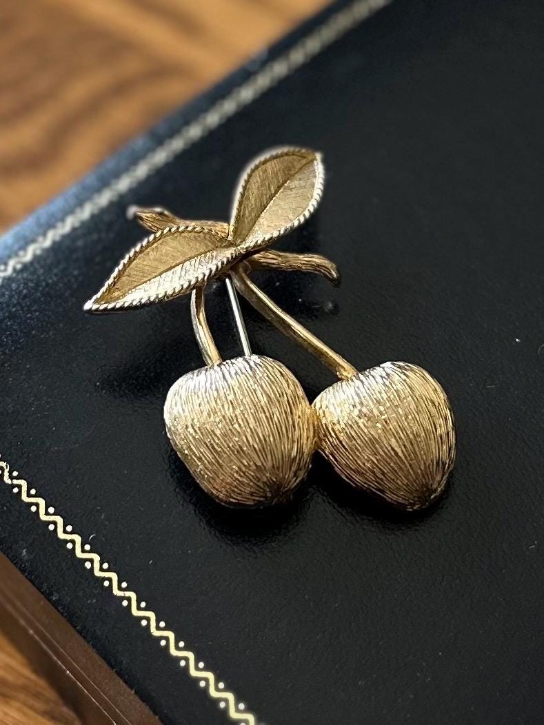 Vintage 1960s Signed SARAH COVENTRY Brushed Gold Tone Cherry Brooch Midcentury
