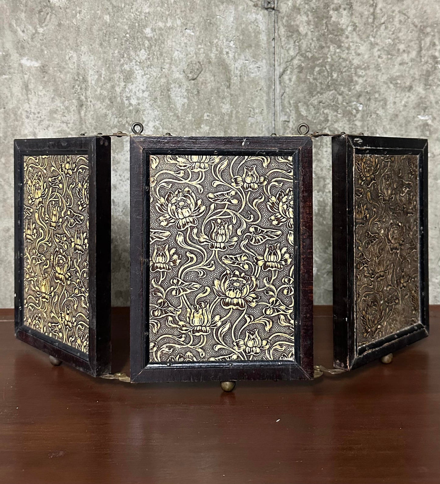 Antique 19th Century Victorian Tabletop Tri-Fold Shaving Mirror Beveled Glass Wood Vanity Mirror