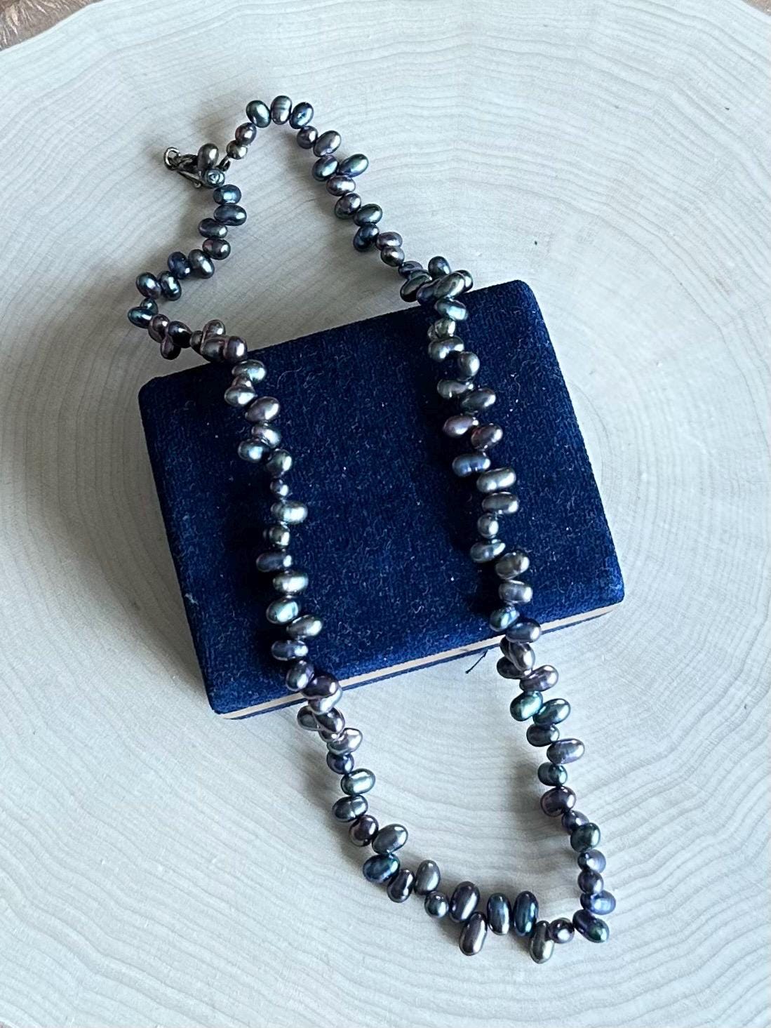 Vintage Genuine Black Freshwater Pearl Beaded Sterling Silver 925 Necklace 16.75”