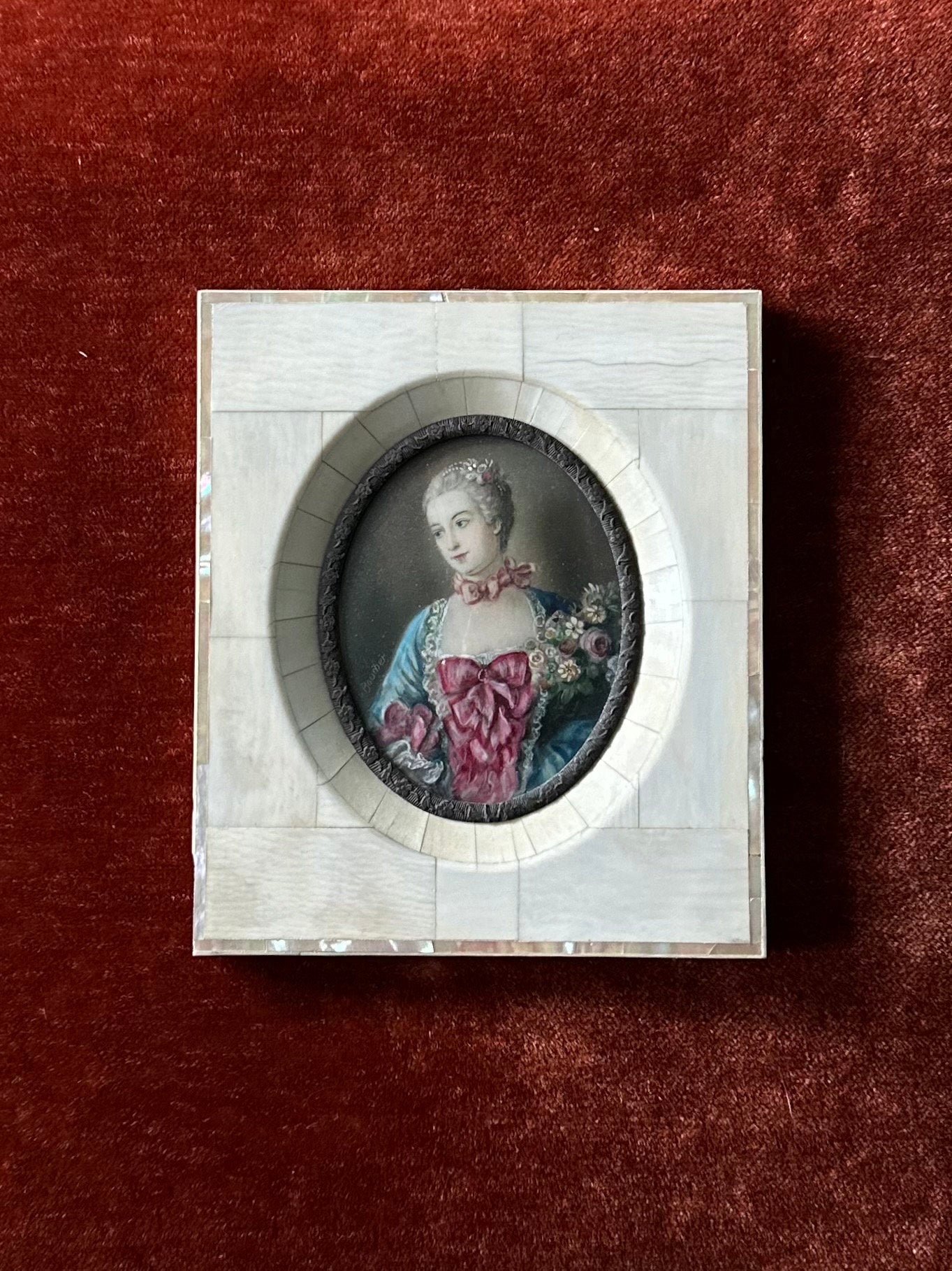 Antique 19th Century Hand Painted & Finely Detailed French Portrait of a Lady Mother of Pearl Frame V. Boucher