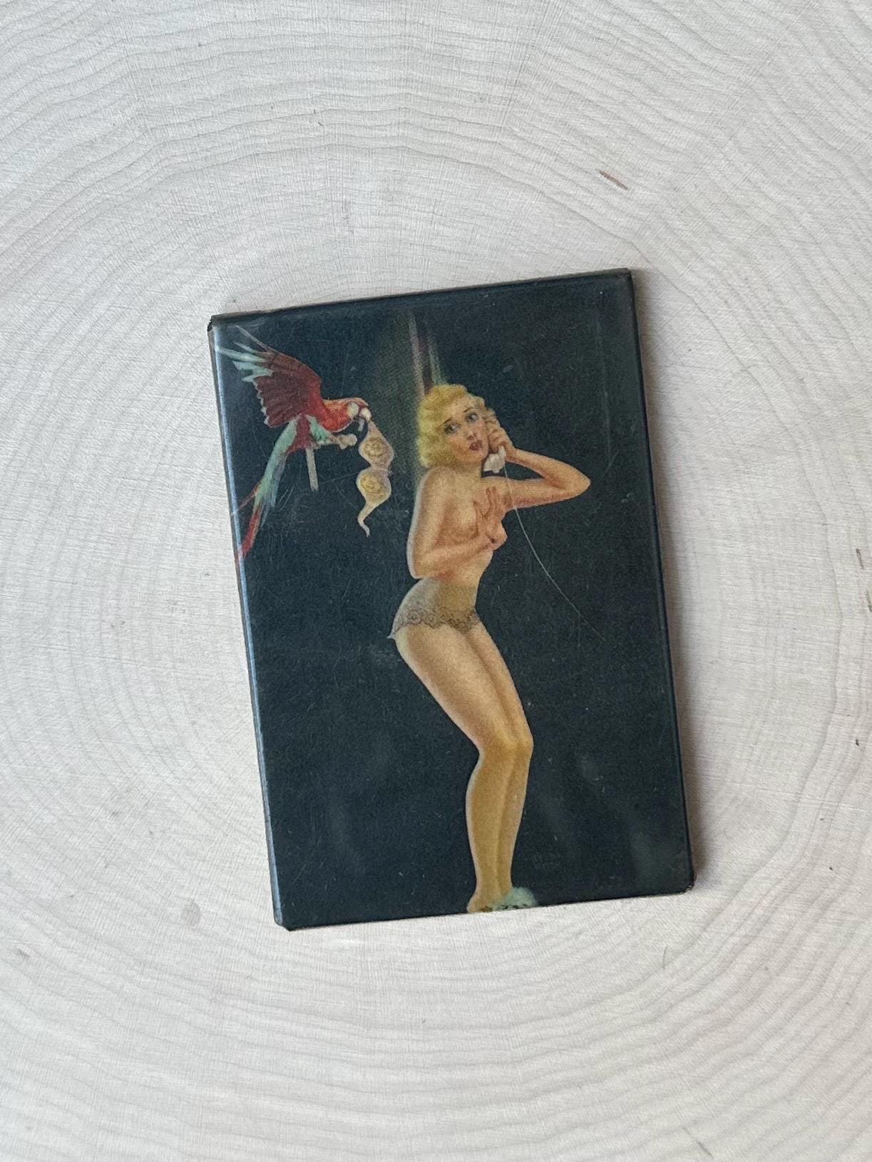 Vintage Art Deco 1930s 1940s Risque Blonde Nude Pin-Up Parrot Rectangle Pocket Mirror RARE