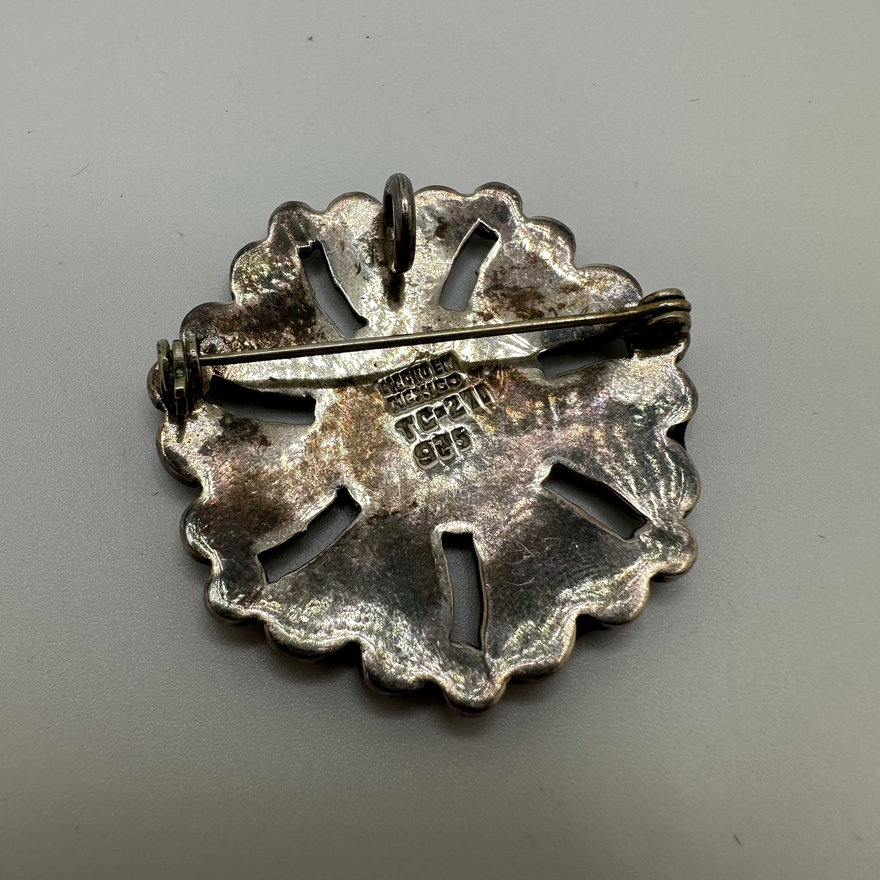 Vintage Signed 925 Sterling Silver Taxco Mexico Genuine Turquoise Inlay Aztec Calendar Pin Brooch
