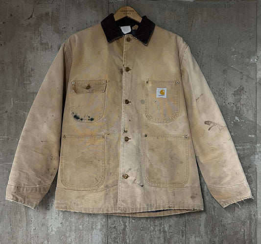 1980s Carhartt Blanket Lined Duck Chore Coat Tan UGWA Corduroy Collar
