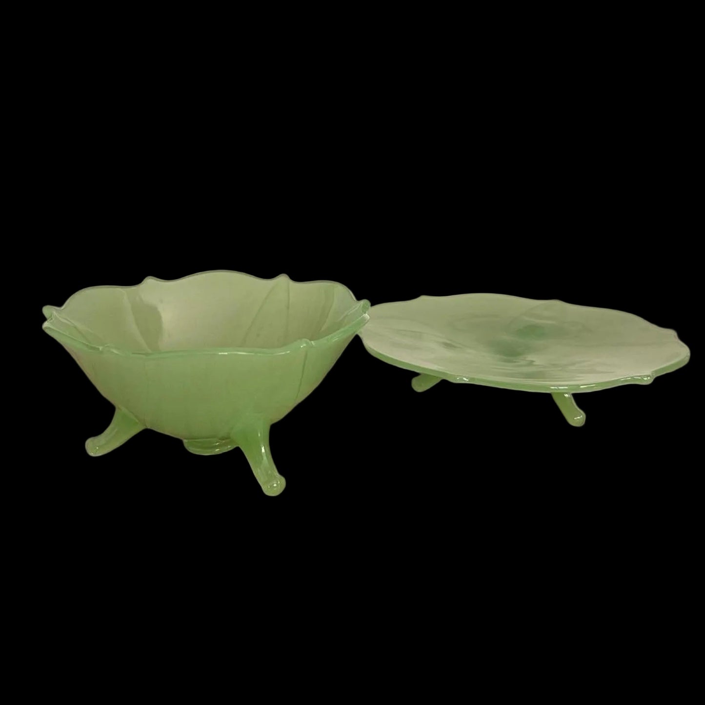 Vintage Jadeite Glass Lotus Footed Bowl & Footed Plate Set
