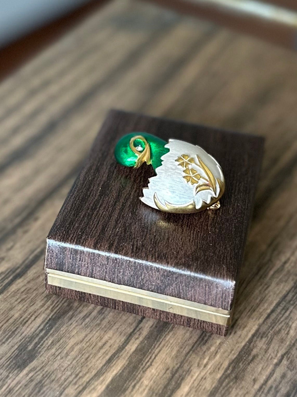Vintage Signed Alice Caviness Green Enamel Duckling Chick in Egg Gold Tone Brooch Rhinestone Eye Easter