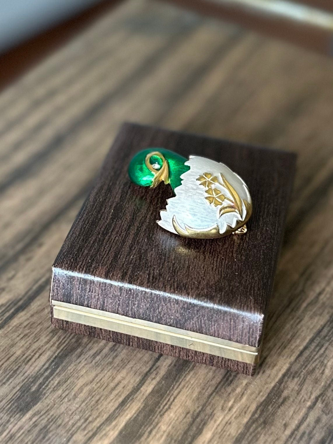 Vintage Signed Alice Caviness Green Enamel Duckling Chick in Egg Gold Tone Brooch Rhinestone Eye Easter