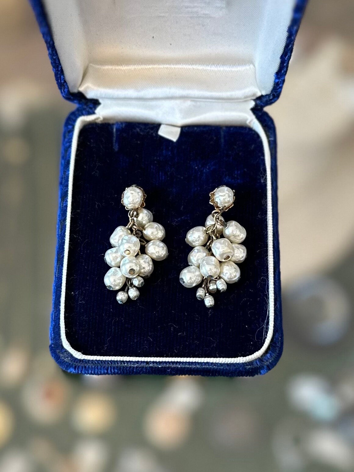 Vintage Signed Miriam Haskell Baroque Faux Pearl Cluster Dangle Earrings Gold Tone