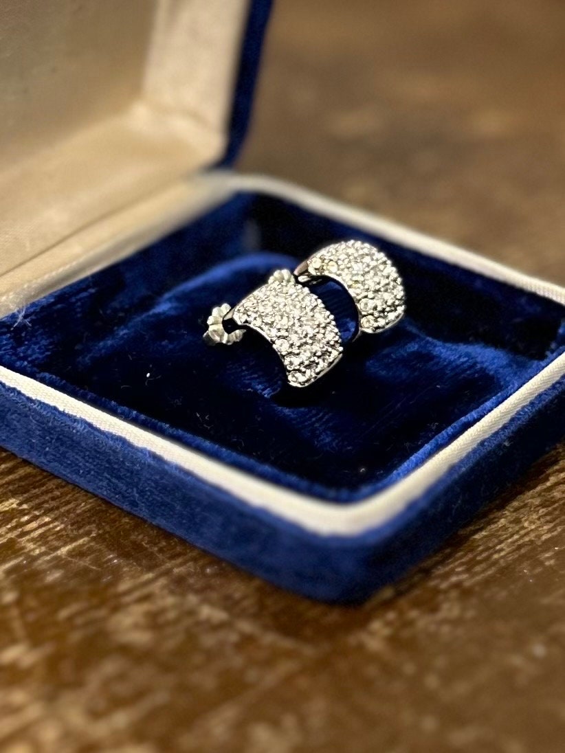 Swarovski Swan Signed Pave Crystal Silver Tone Huggie Earrings | 1990s-Contemporary