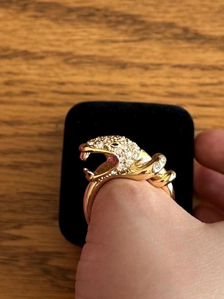 Gold Tone Rhinestone Jewelled Snake Head Serpent Statement Ring US Size 8 1/2