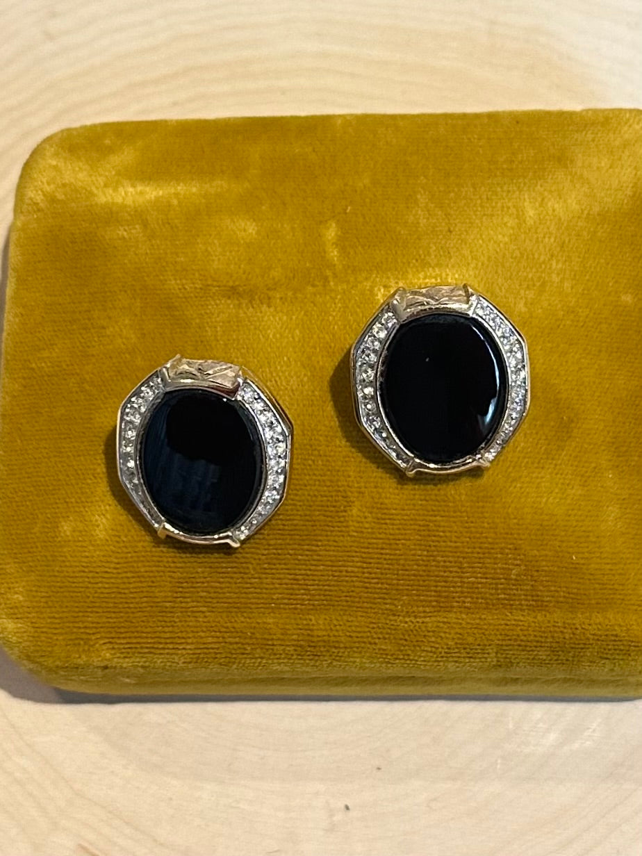 Vintage Signed Panetta Gold Tone Faux Black Onyx & Rhinestone Statement Earrings