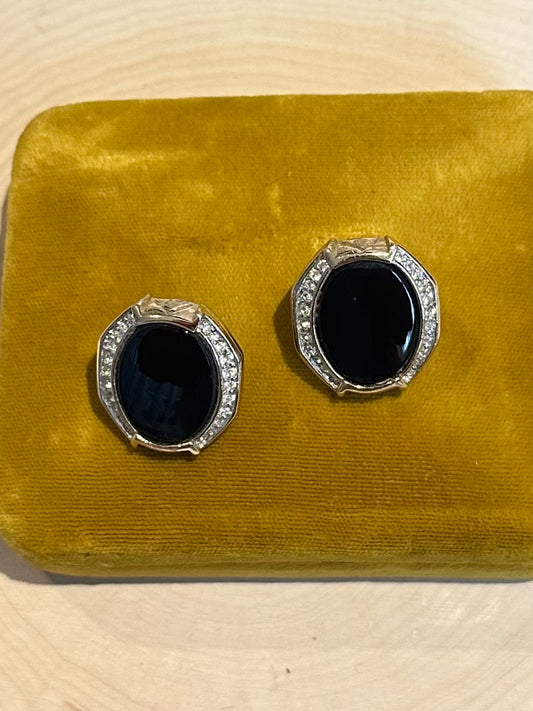 Vintage Signed Panetta Gold Tone Faux Black Onyx & Rhinestone Statement Earrings