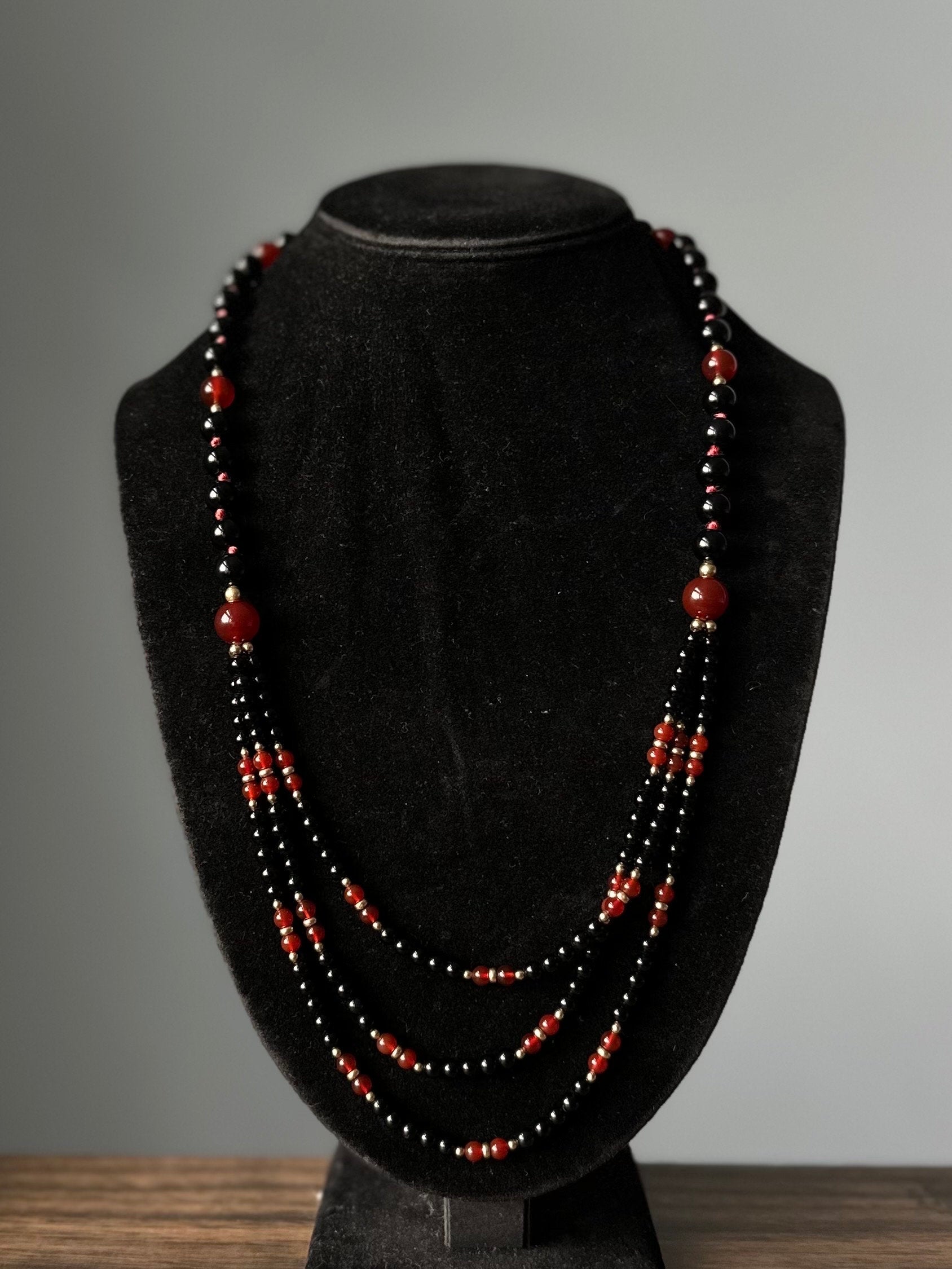Vintage Genuine Black Onyx & Carnelian Beaded 1/20 14k GF Gold Filled Necklace Fish Hook Clasp