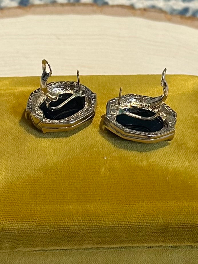 Vintage Signed Panetta Gold Tone Faux Black Onyx & Rhinestone Statement Earrings
