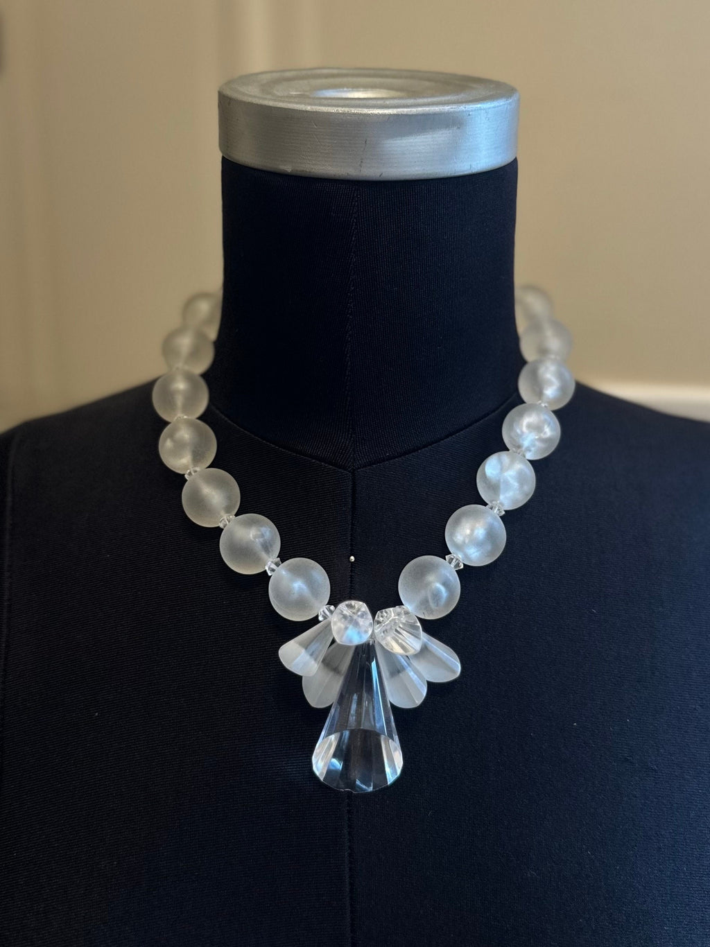 Rare Vintage 1950s Clear & Frosted Graduated Lucite and Faceted Lucite Cone Beaded Collar Necklace | Avant Garde Couture Statement Jewelry