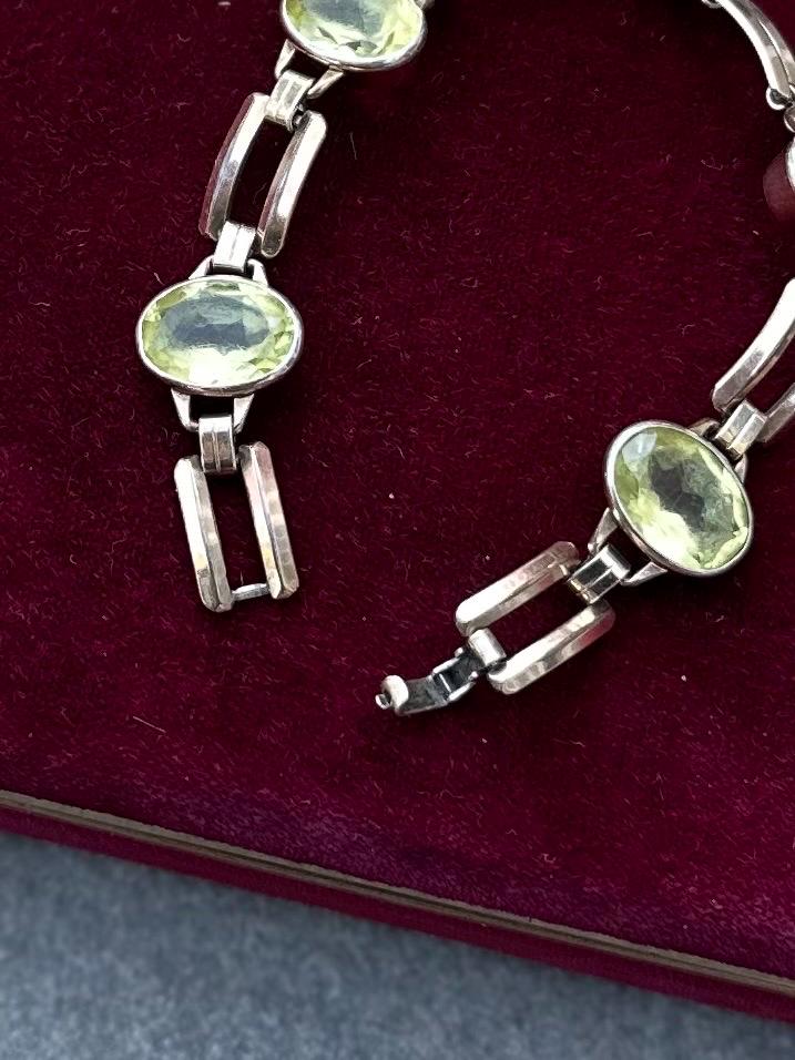 Vintage 1940s Art Deco Signed ENGEL BROTHERS 1/20 10k Gold Filled Faceted Cut Light Green Glass Stones Link Bracelet 7”