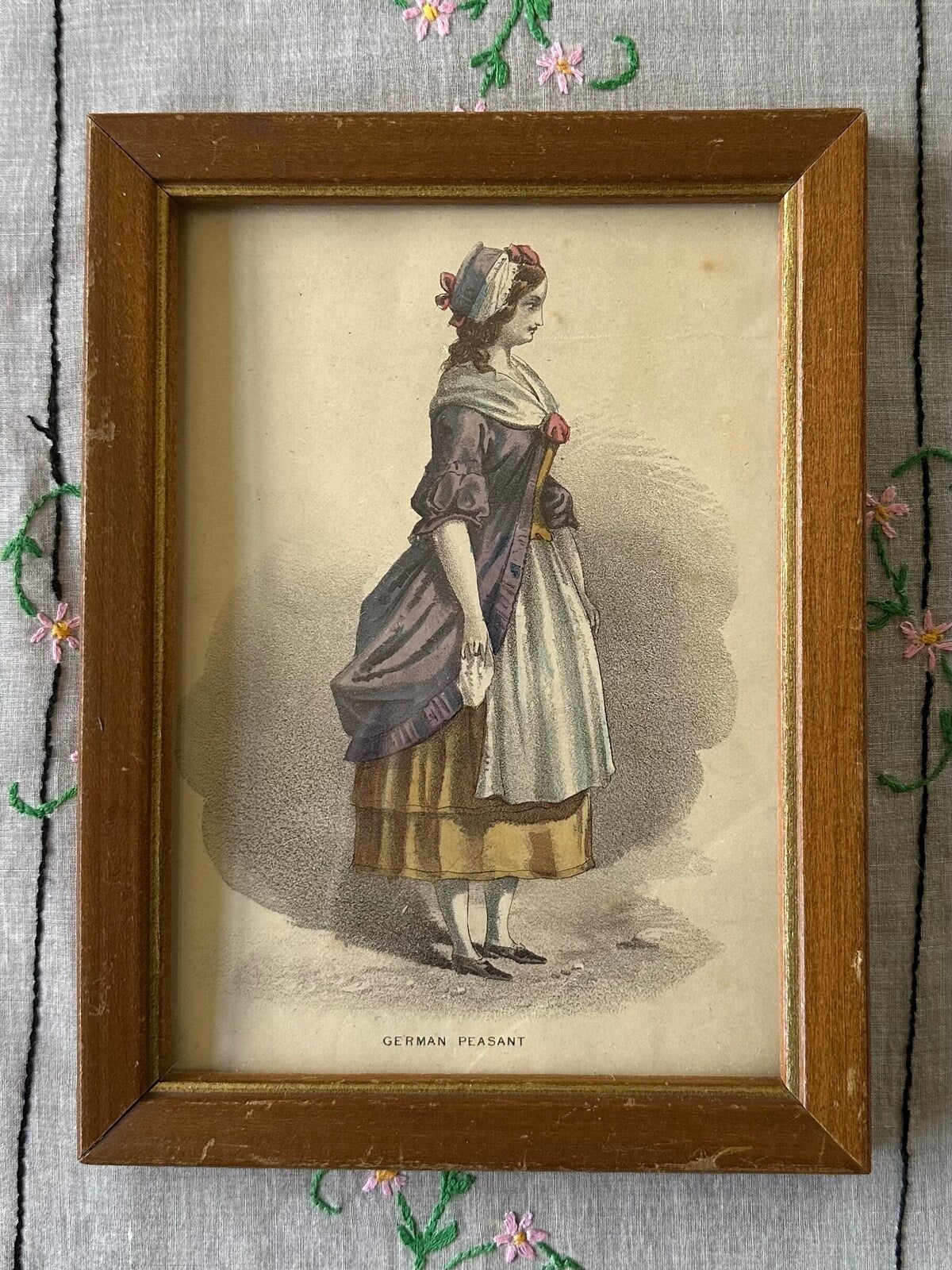 Antique 19th Century Period Fashion Print of German Peasant Girl or Woman 6x8