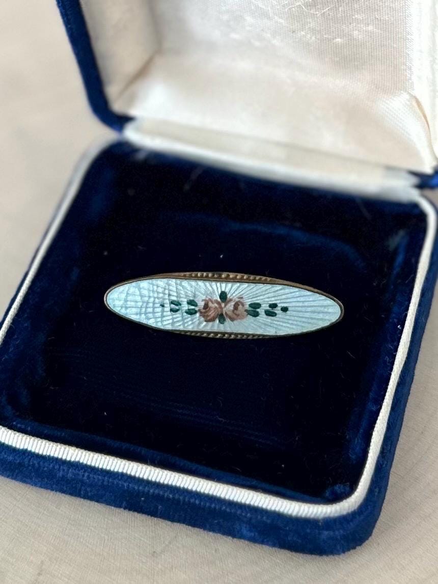 Antique Made in Czechoslovakia Tiny Guilloche Enamel Bar Pin Brooch Handpainted Central Rose Detail